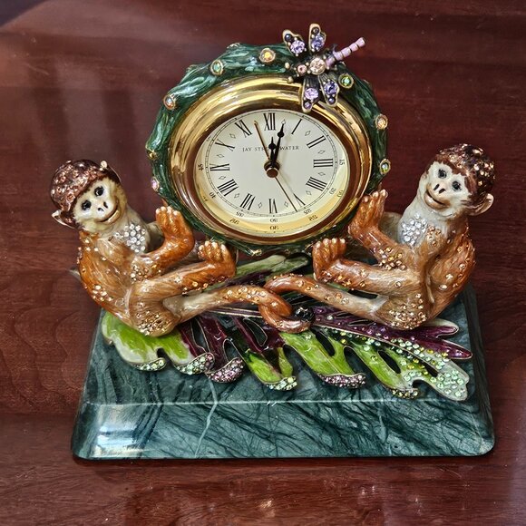JAY STRONGWATER MONKEY DRA JUNGLE SAFARI CRYSTAL ENAMEL OFFICE DESK MANTEL CLOCK